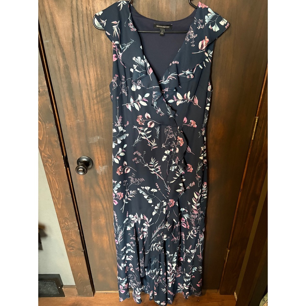 Banana Republic Womens Navy Blue Floral Ruffle Maxi Dress Flutter Sleeve Size 8
